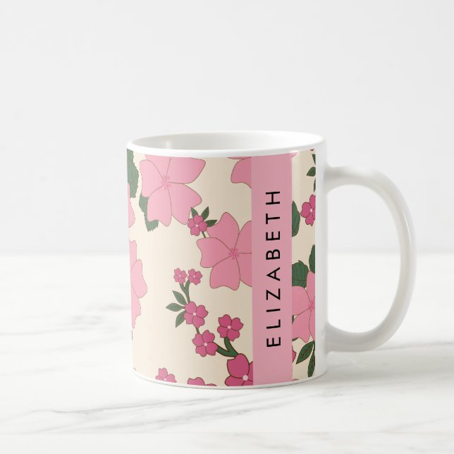 Pink Flowers, Pattern Of Flowers, Your Name Coffee Mug (Right)