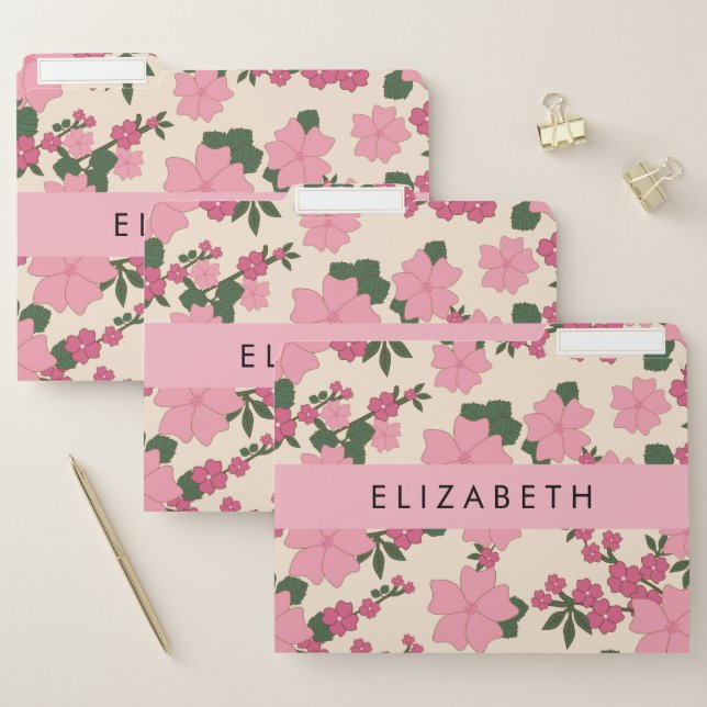 Pink Flowers, Pattern Of Flowers, Your Name File Folder (Set)