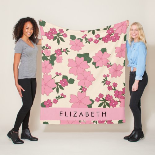 Pink Flowers Pattern Of Flowers Your Name Fleece Blanket