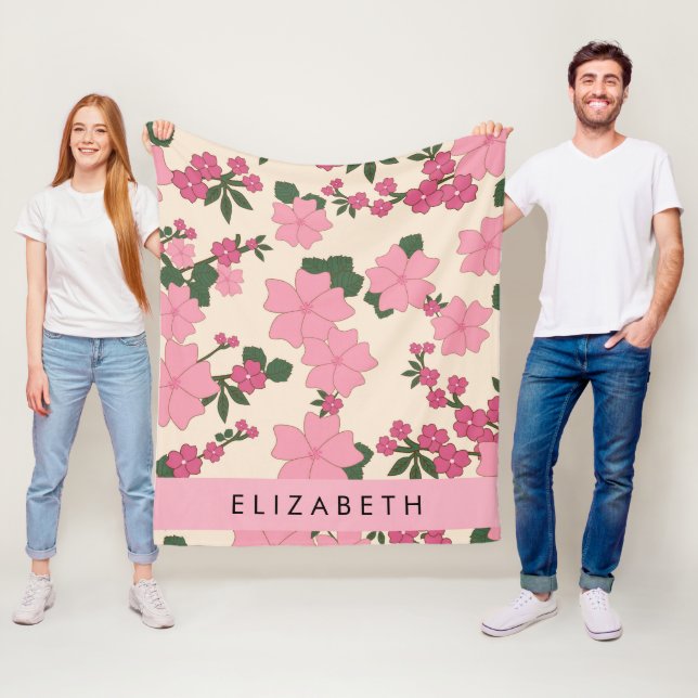 Pink Flowers, Pattern Of Flowers, Your Name Fleece Blanket (In Situ)