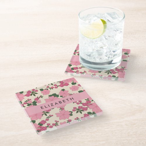 Pink Flowers Pattern Of Flowers Your Name Glass Coaster