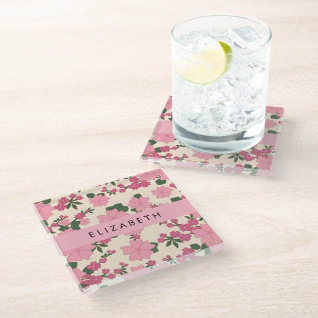 Pink Flowers, Pattern Of Flowers, Your Name Glass Coaster (Angled)