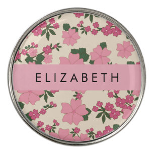 Pink Flowers, Pattern Of Flowers, Your Name Golf Ball Marker