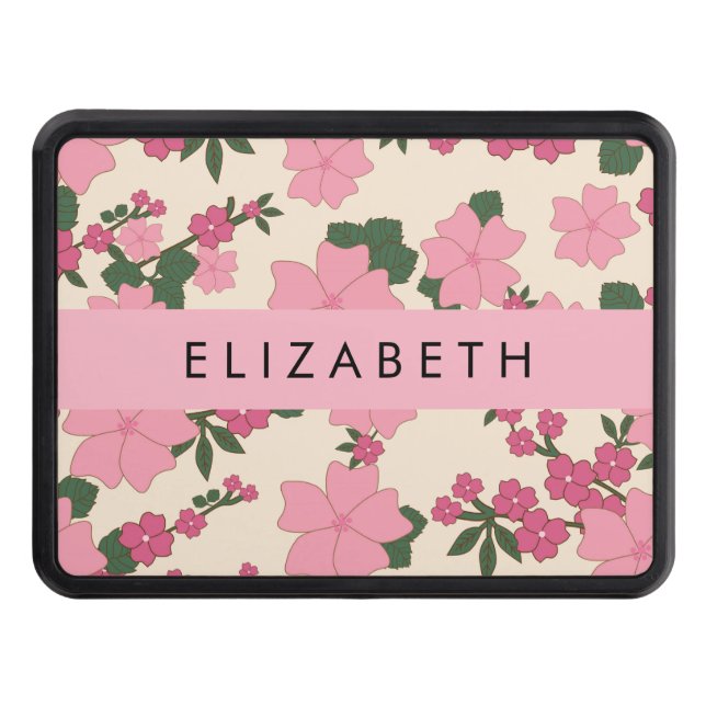 Pink Flowers, Pattern Of Flowers, Your Name Hitch Cover (Front)