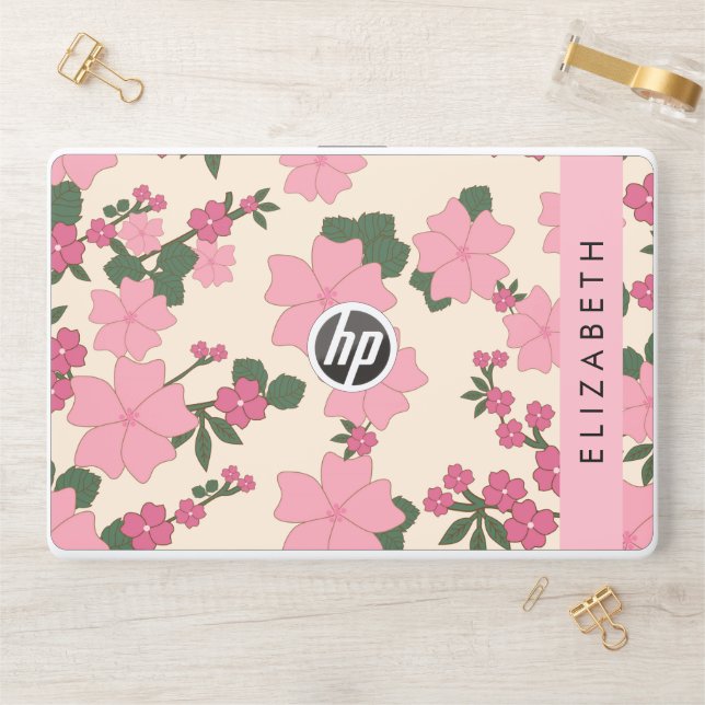 Pink Flowers, Pattern Of Flowers, Your Name HP Laptop Skin (Desk)