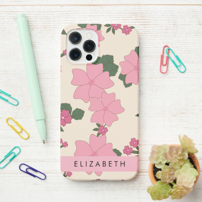 Pink Flowers, Pattern Of Flowers, Your Name iPhone Case (On Desk)