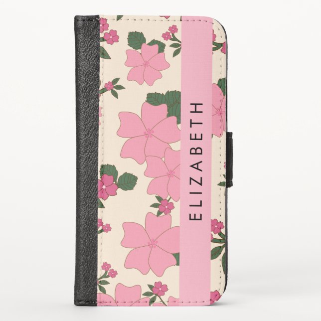 Pink Flowers, Pattern Of Flowers, Your Name iPhone Wallet Case (Front)