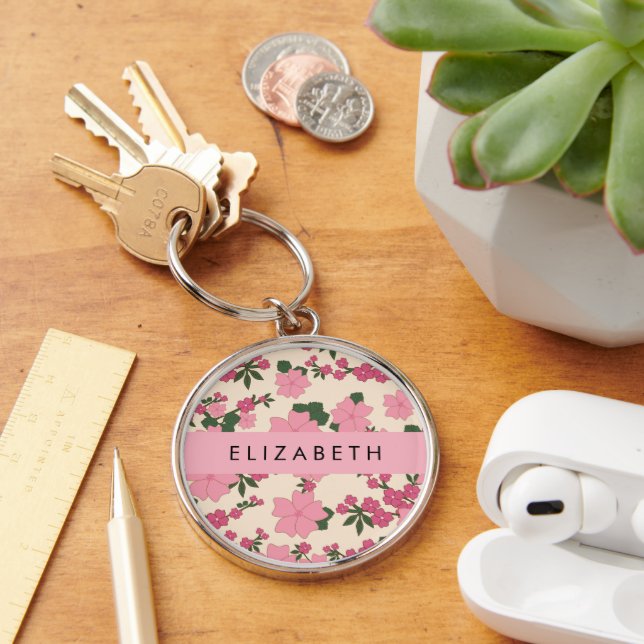 Pink Flowers, Pattern Of Flowers, Your Name Keychain (Desk)