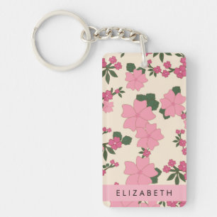 Pink Flowers, Pattern Of Flowers, Your Name Keychain