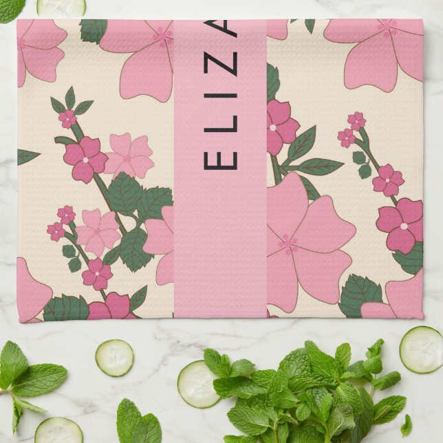 Pink Flowers, Pattern Of Flowers, Your Name Kitchen Towel (Folded)