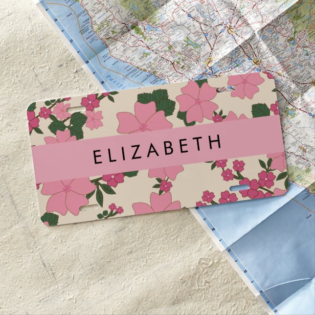 Pink Flowers, Pattern Of Flowers, Your Name License Plate (In Situ)