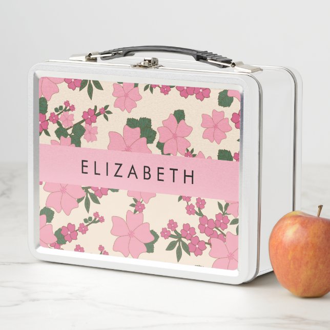 Pink Flowers, Pattern Of Flowers, Your Name Metal Lunch Box (In Situ)