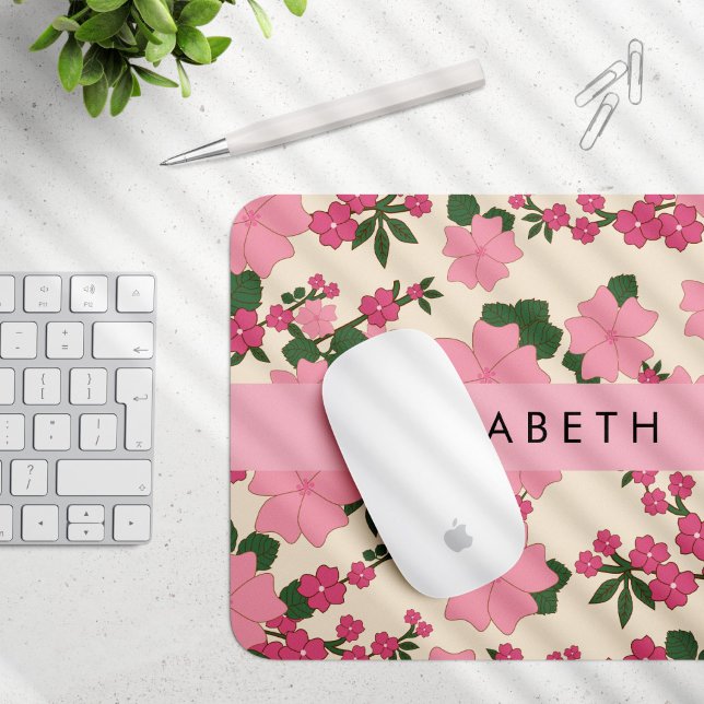 Pink Flowers, Pattern Of Flowers, Your Name Mouse Pad (Creator Uploaded)