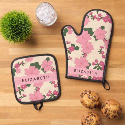 Pink Flowers Pattern Of Flowers Your Name Oven Mitt  Pot Holder Set