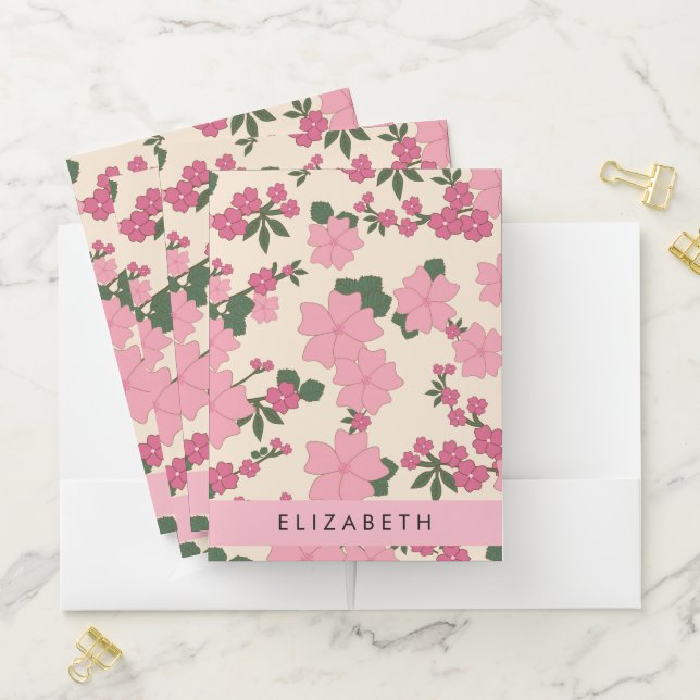 Pink Flowers, Pattern Of Flowers, Your Name Pocket Folder (In Situ)