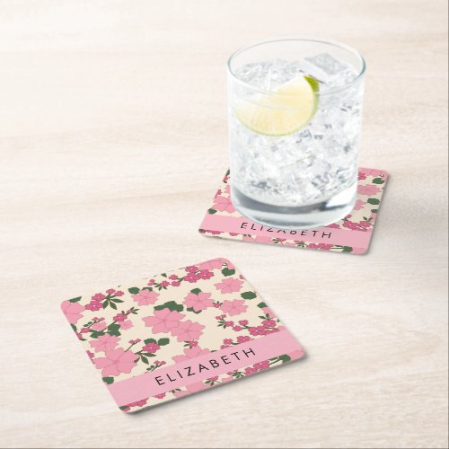 Pink Flowers Pattern Of Flowers Your Name Square Paper Coaster