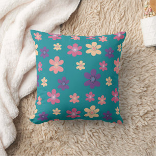Pink Flowers Pattern on Dark Green Background Throw Pillow