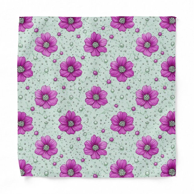 Pink Flowers Pattern With Droplets Bandana (Front)