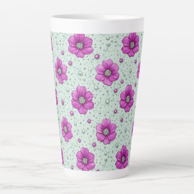 Pink Flowers Pattern With Droplets Latte Mug (Front)