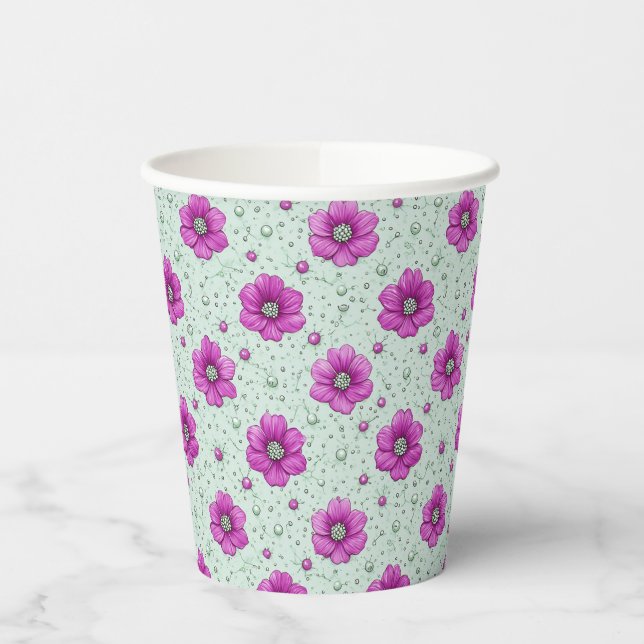 Pink Flowers Pattern With Droplets Paper Cups (Left)