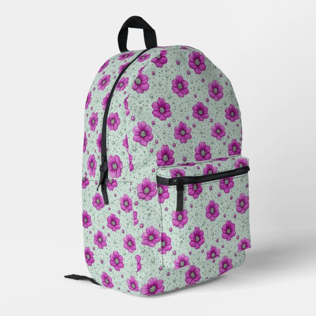 Pink Flowers Pattern With Droplets Printed Backpack (Back Corner Left)