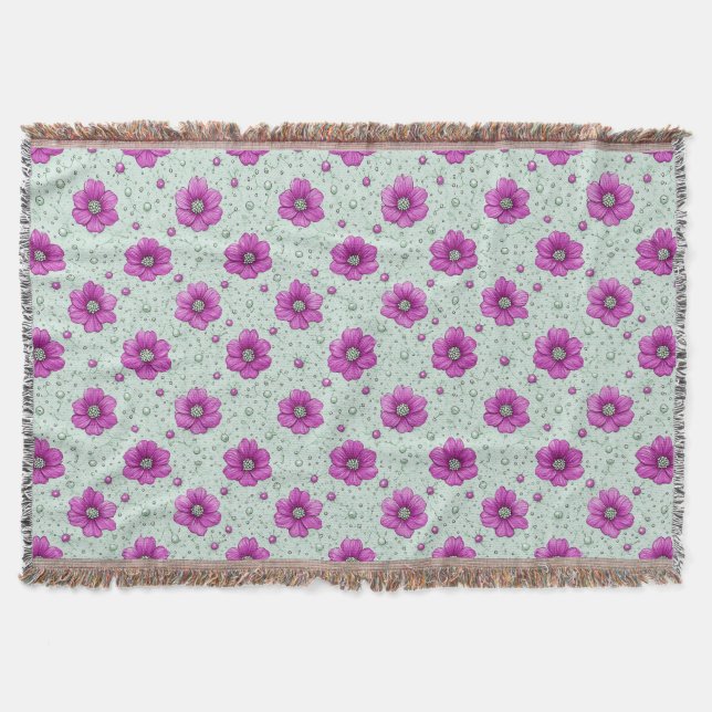 Pink Flowers Pattern With Droplets Throw Blanket (Front)