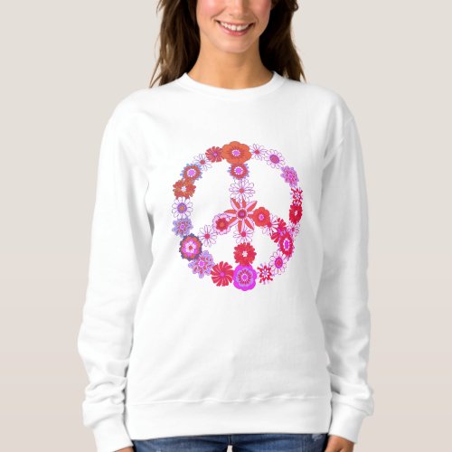 Pink flowers peace sign groovy white sweater 