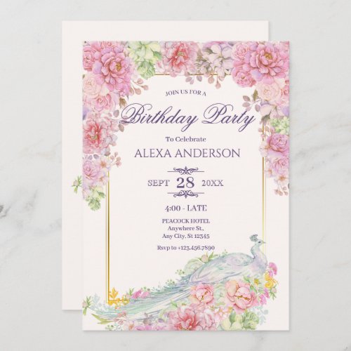 Pink Flowers Peacock Birthday Invitation