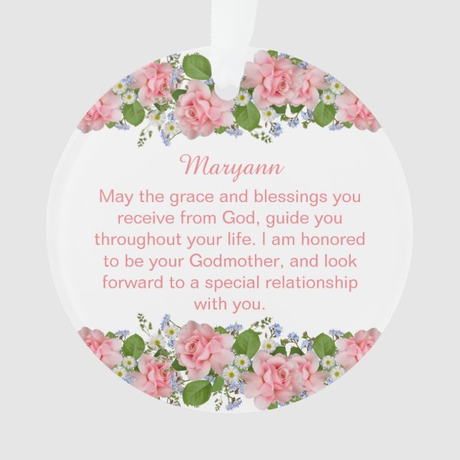 Pink Flowers Personalized Goddaughter Baptism Ornament (Front)