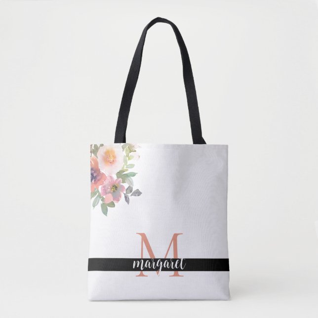 Pink Flowers Personalized Monogram Modern Elegant  Tote Bag (Front)