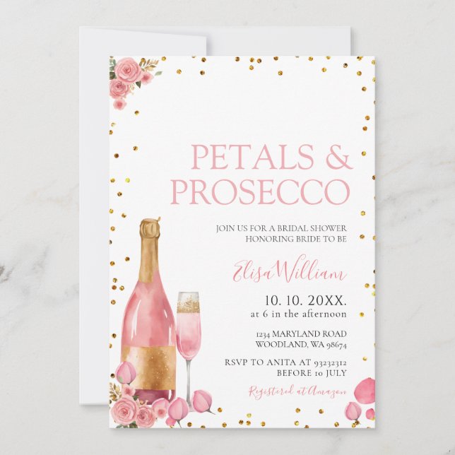 Pink Flowers Petals and Prosecco Bridal Shower Invitation (Front)