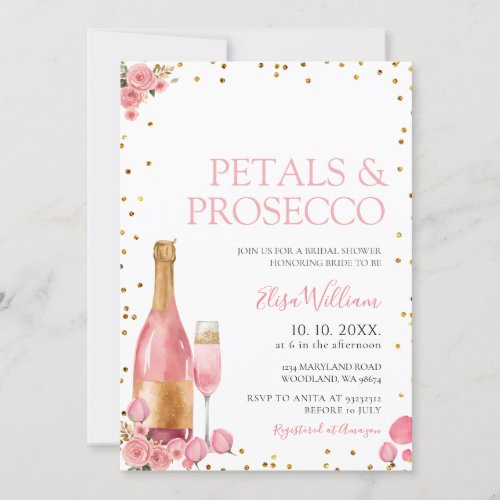 Pink Flowers Petals and Prosecco Bridal Shower Invitation