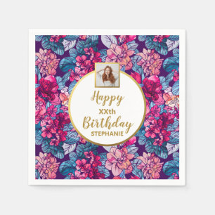 Pink Flowers, Photo, Any Age, Custom Birthday Napkins