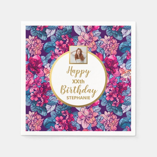 Pink Flowers, Photo, Any Age, Custom Birthday Napkins (Front)