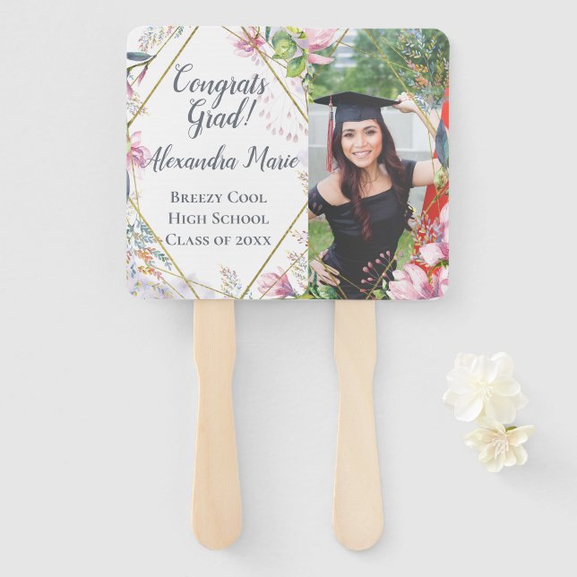 Pink Flowers Photo Graduation Fan with Picture (Front and Back)