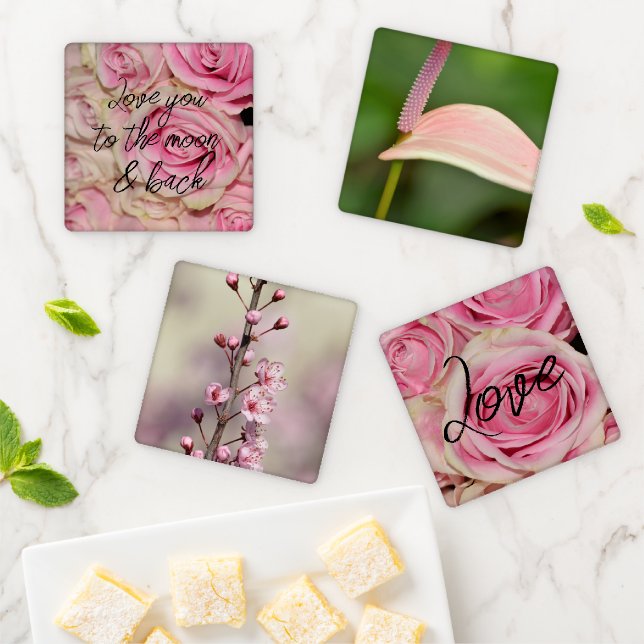 Pink Flowers Photography Coaster Set (In Situ)