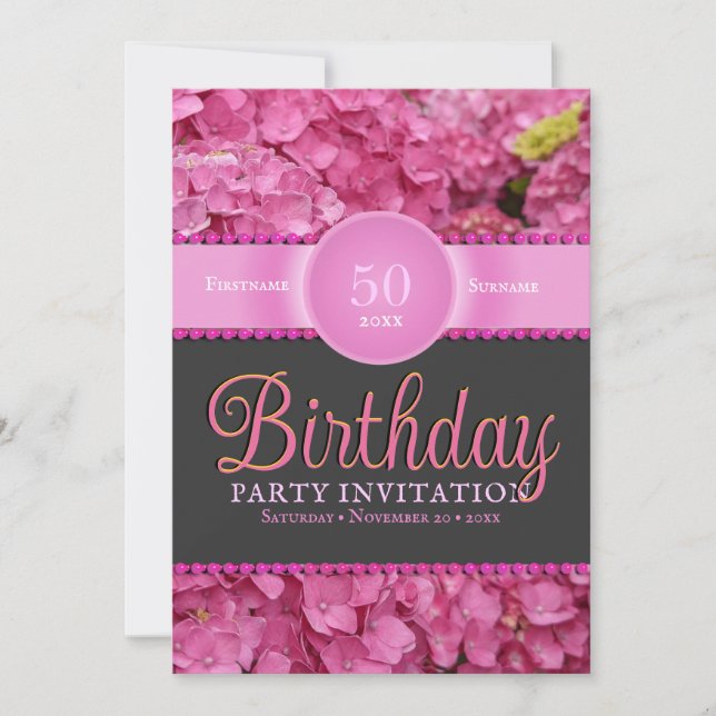 Pink Flowers Pink Hydrangea 50th Birthday Invitation (Front)