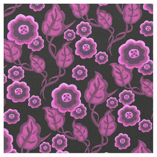 Pink flowers/pink leaves/Folk art floral/black Fabric