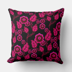 Pink flowers, pink leaves, Folk art floral/black Throw Pillow