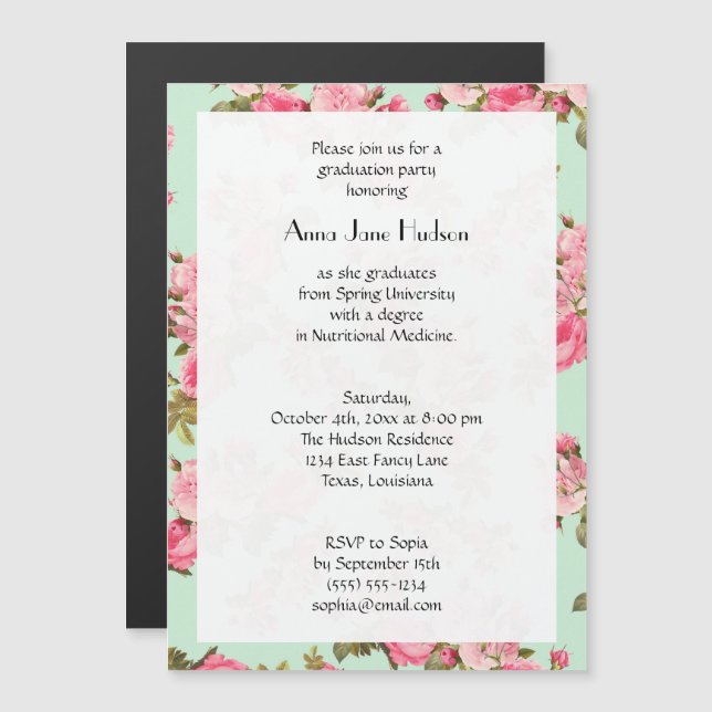 Pink Flowers, Pink Roses, Floral Graduation Magnetic Invitation (Front/Back)