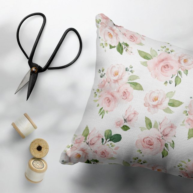 Pink Flowers, Pink Roses, Watercolor Flowers Accent Pillow (Creator Uploaded)