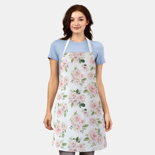 Pink Flowers Pink Roses Watercolor Flowers Apron
