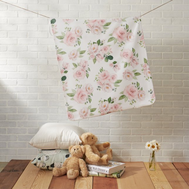 Pink Flowers, Pink Roses, Watercolor Flowers Baby Blanket (In Situ)
