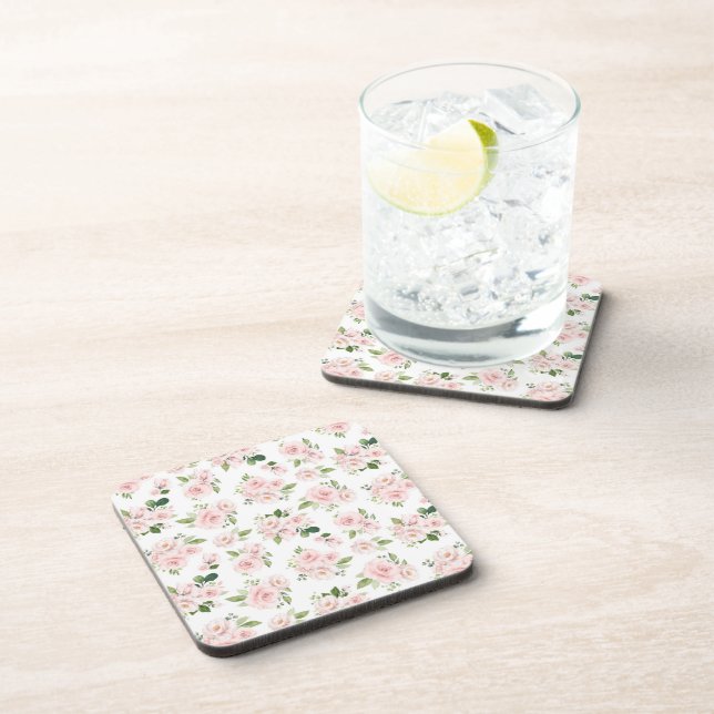 Pink Flowers, Pink Roses, Watercolor Flowers Beverage Coaster (Right Side)