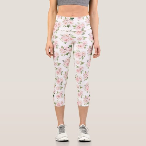 Pink Flowers Pink Roses Watercolor Flowers Capri Leggings