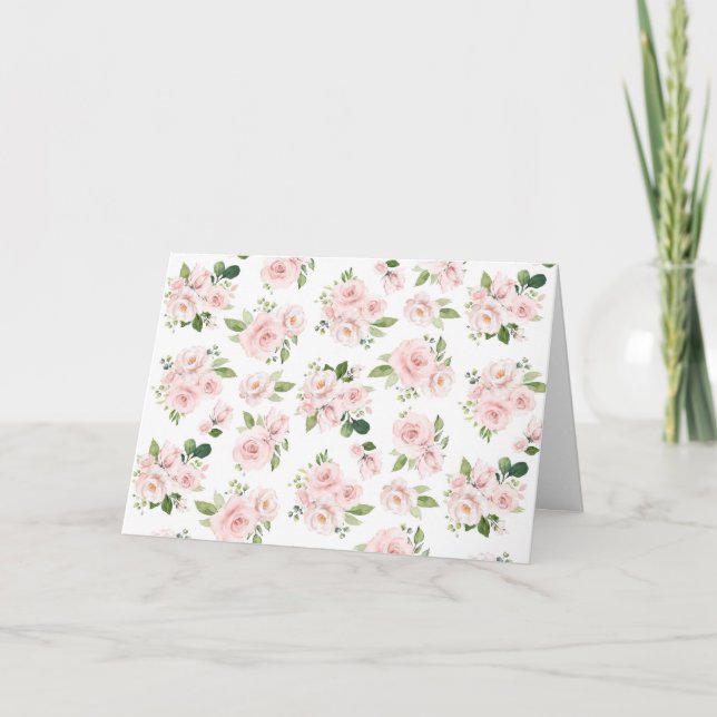 Pink Flowers, Pink Roses, Watercolor Flowers Card (Front)