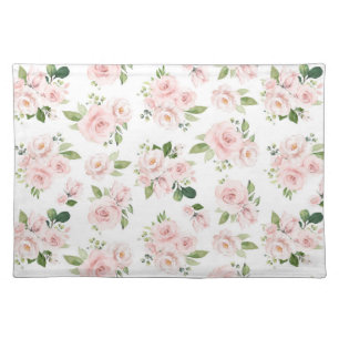 Pink Flowers, Pink Roses, Watercolor Flowers Cloth Placemat