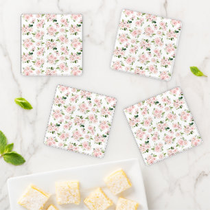 Pink Flowers, Pink Roses, Watercolor Flowers Coaster Set