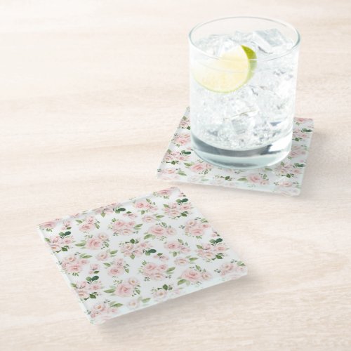 Pink Flowers Pink Roses Watercolor Flowers Glass Coaster