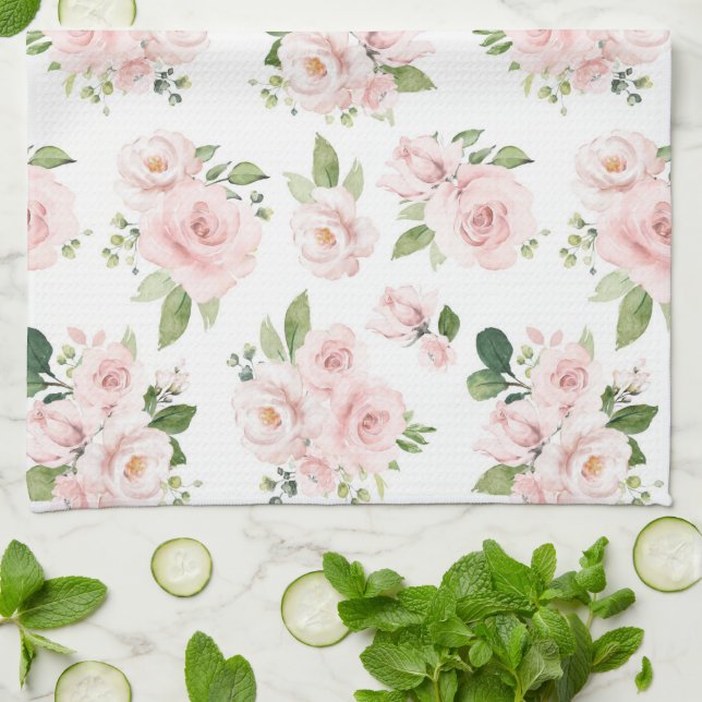 Pink Flowers, Pink Roses, Watercolor Flowers Kitchen Towel (Folded)